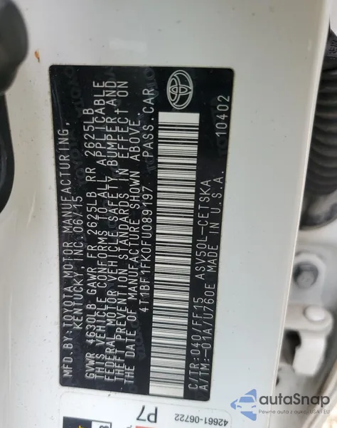 2015 Toyota Camry Le из США, поврежденный, VIN 4T1BF1FK0FU089197